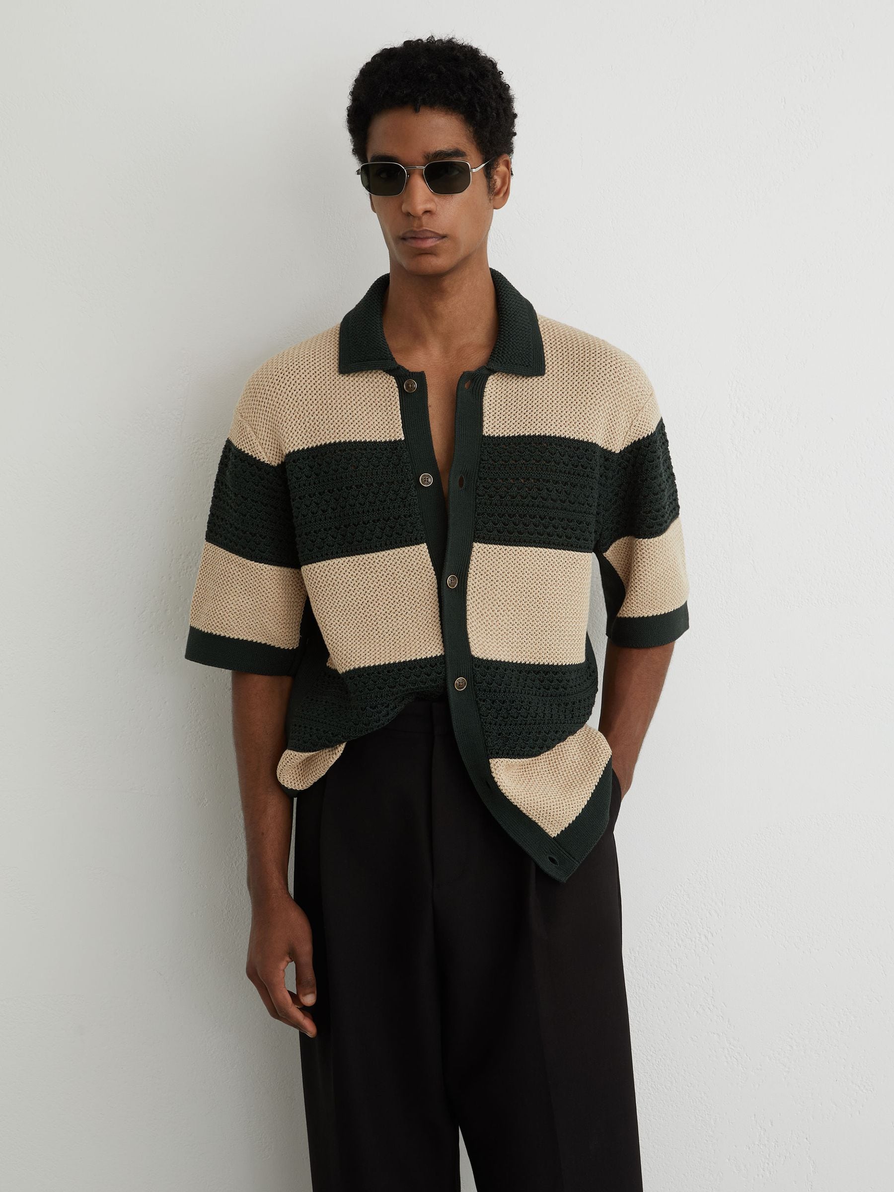 トップス REVERBERATE - HIGH GAGE KNIT SHIRT Buy Reiss Dark Green/Camel Marek Cotton Block-Stripe Knitted Shirt