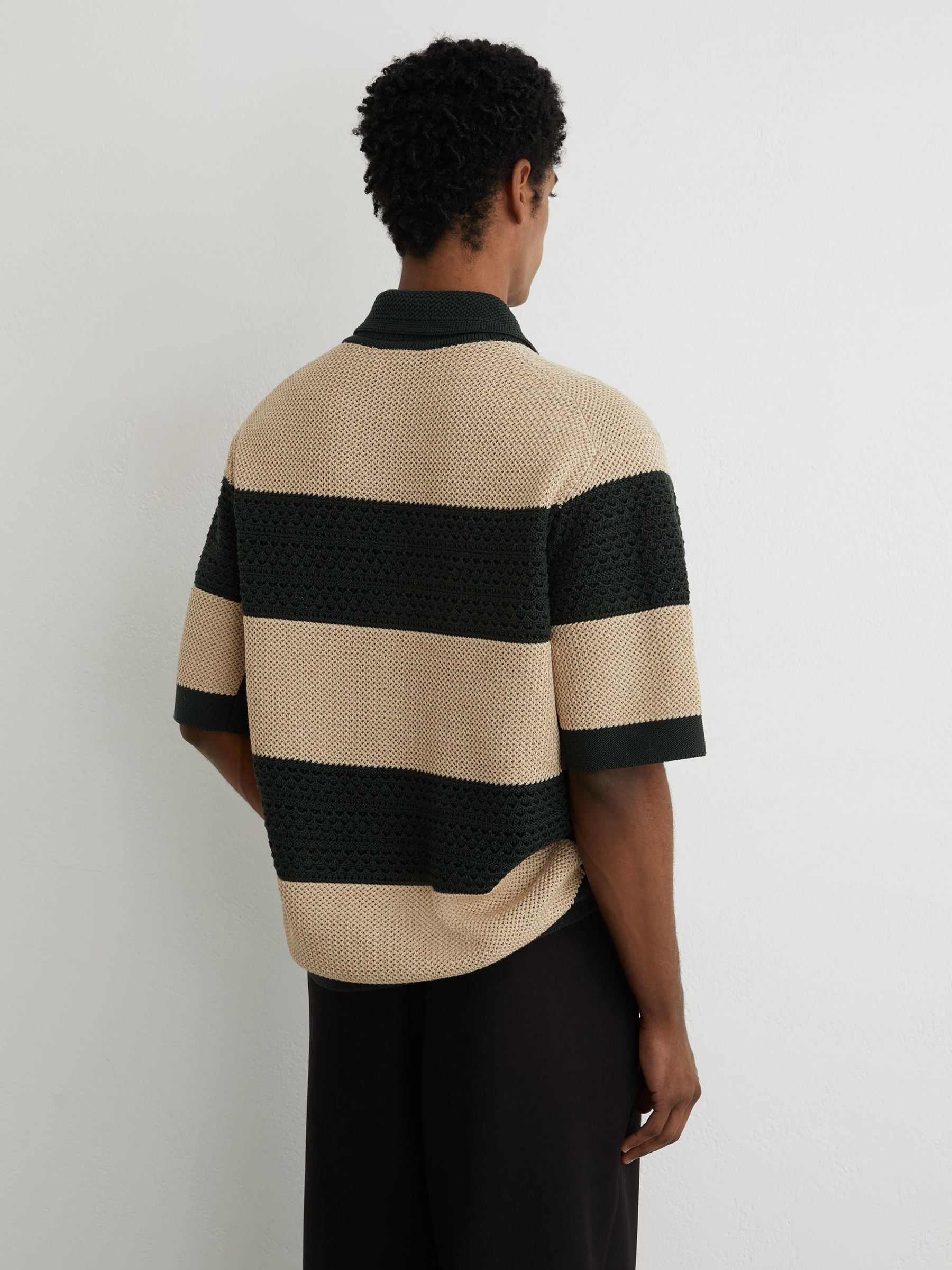 Buy Reiss Dark Green/Camel Marek Cotton Block-Stripe Knitted Shirt