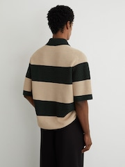 Reiss Dark Green/Camel Marek Cotton Block-Stripe Knitted Shirt - Image 6 of 7