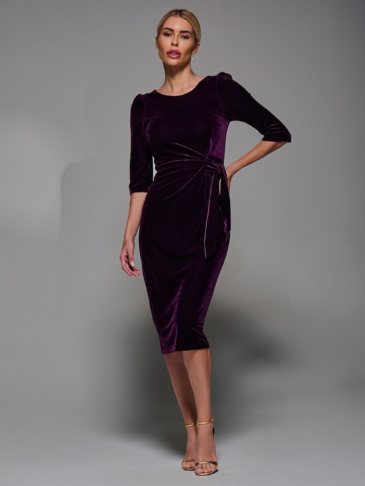 Jolie Moi Purple Side Tie Velvet Bodycon Dress - Image 1 of 6