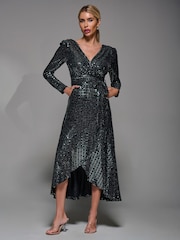 Jolie Moi Black Metallic Spot Long Sleeve Maxi Dress - Image 1 of 6