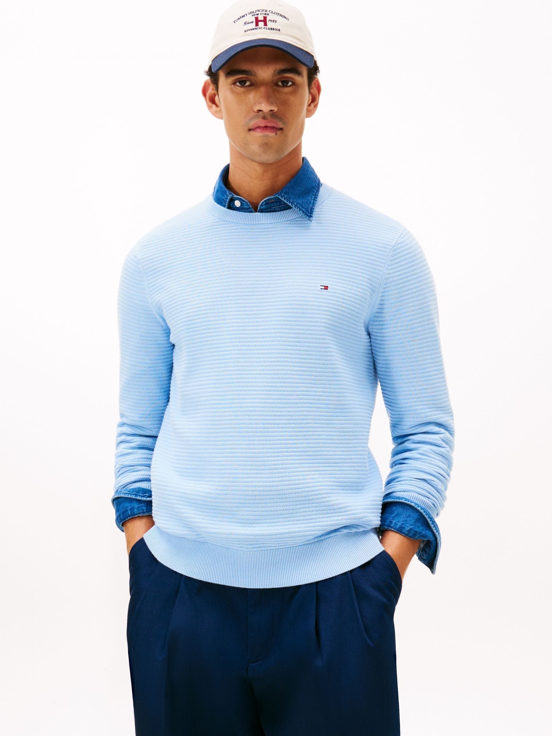 Buy Tommy Hilfiger Light Blue Textured Knit Crew Neck Jumper from