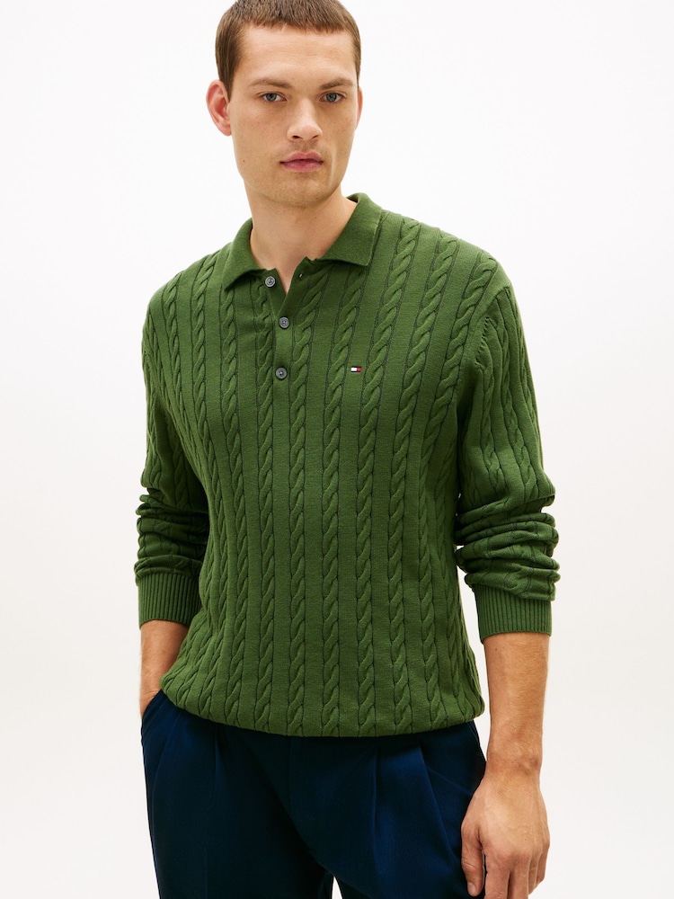 Tommy Hilfiger Green Cable Knit Polo Jumper - Image 1 of 5 Tommy Hilfiger Green Cable Knit Polo Jumper - Image 1 of 5