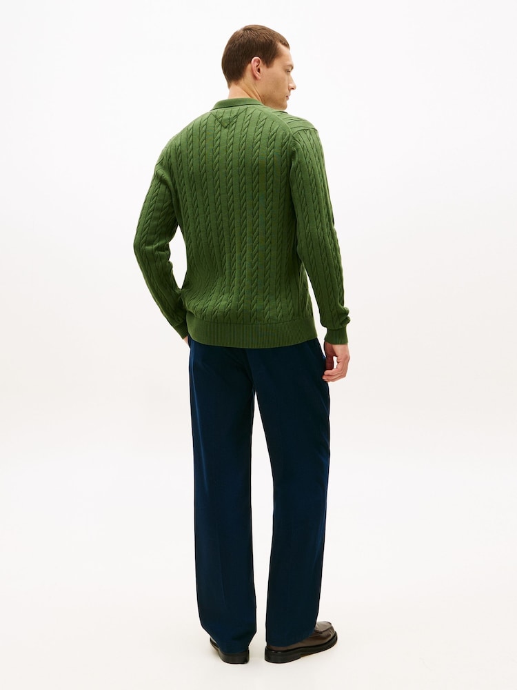 Tommy Hilfiger Green Cable Knit Polo Jumper - Image 2 of 5 Tommy Hilfiger Green Cable Knit Polo Jumper - Image 2 of 5