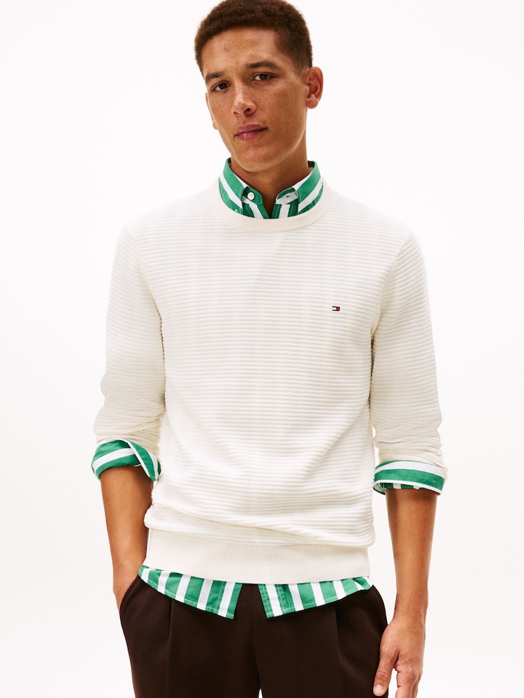 Tommy Hilfiger Cream Textured Knit Crew Neck Jumper - Image 1 of 5 Tommy Hilfiger Cream Textured Knit Crew Neck Jumper - Image 1 of 5