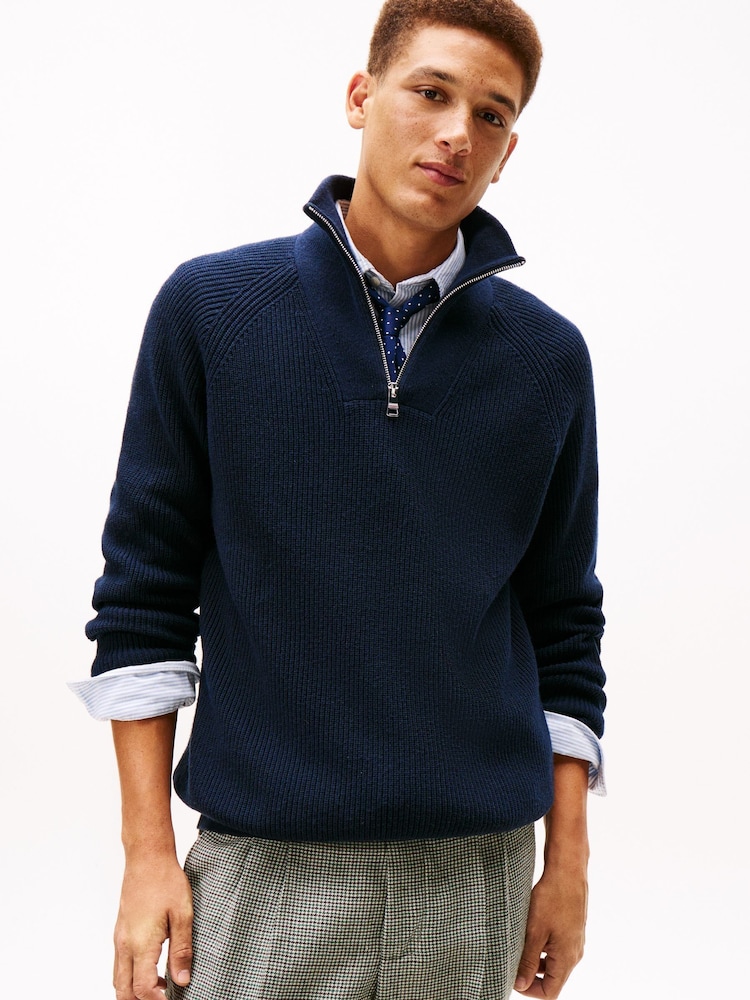 Tommy Hilfiger Blue Fisherman Rib Knit Relaxed Jumper With Wool - Image 1 of 5 Tommy Hilfiger Blue Fisherman Rib Knit Relaxed Jumper With Wool - Image 1 of 5