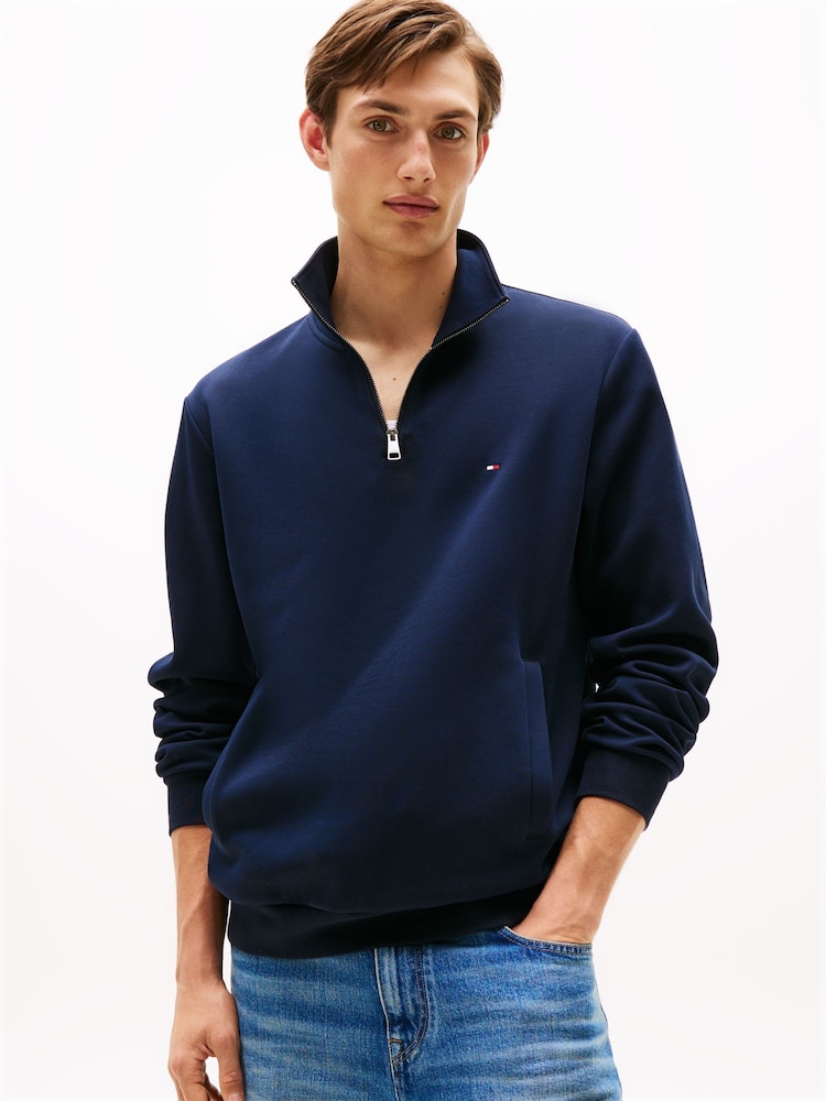 Tommy Hilfiger Blue Performance Quarter Zip Intechno Knit Jumper - Image 1 of 5 Tommy Hilfiger Blue Performance Quarter Zip Intechno Knit Jumper - Image 1 of 5