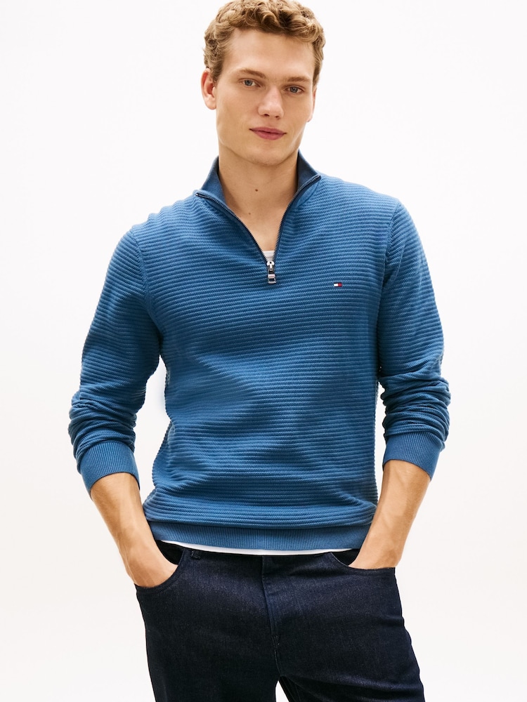 Tommy Hilfiger Blue Seasonal Structure Zip Mock Sweat Top - Image 1 of 5 Tommy Hilfiger Blue Seasonal Structure Zip Mock Sweat Top - Image 1 of 5