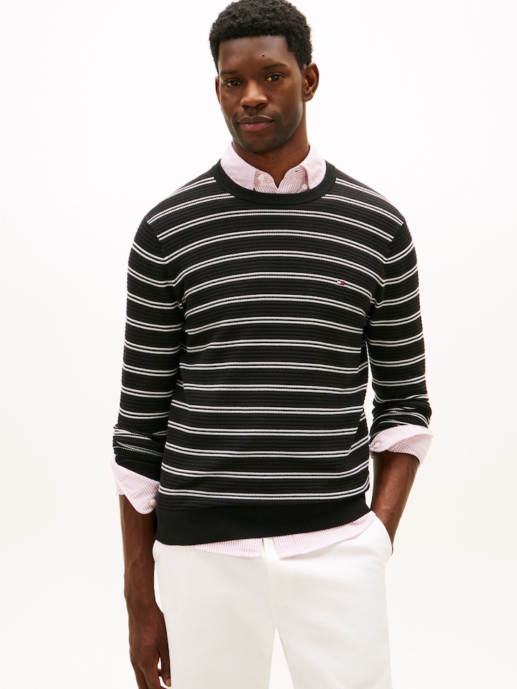 Tommy Hilfiger Black Textured Knit Crew Neck Jumper - Image 1 of 5 Tommy Hilfiger Black Textured Knit Crew Neck Jumper - Image 1 of 5