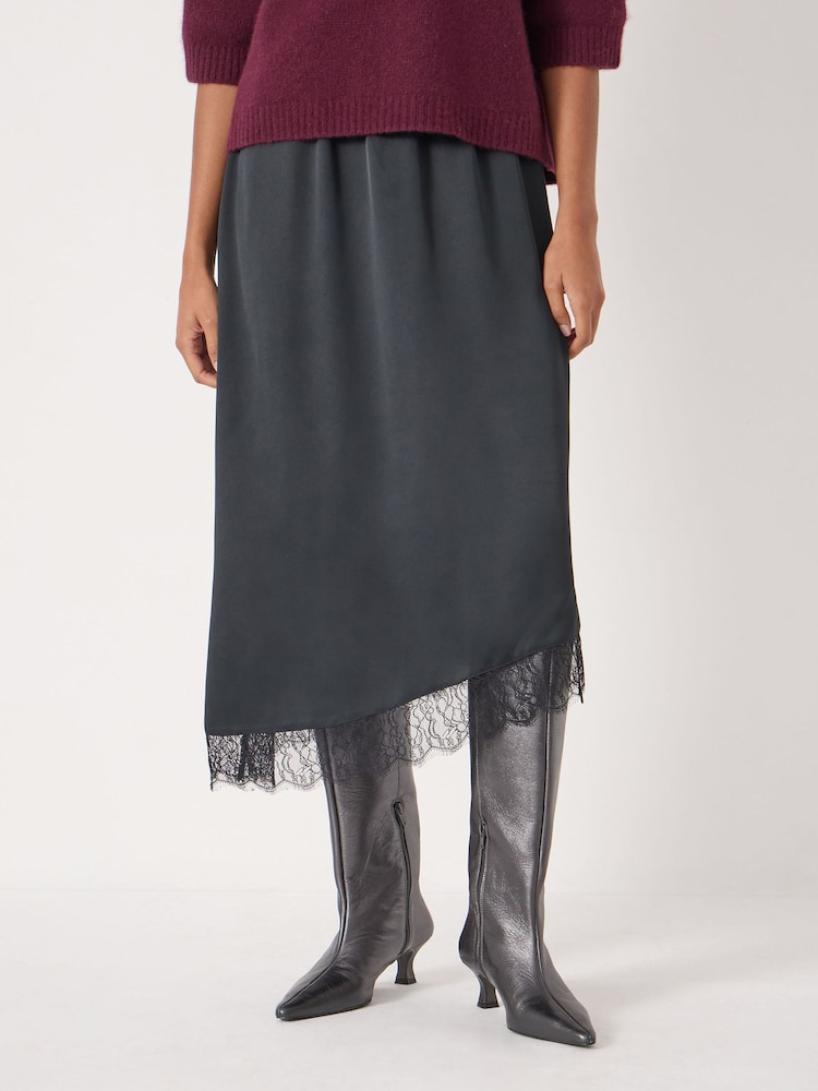 Hush Black Satin Asymmetric Lace Trim Skirt - Image 2 of 7 Hush Black Satin Asymmetric Lace Trim Skirt - Image 2 of 7