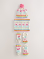 Little Bird by Jools Oliver White Pastel Rainbow Stripe Knitted Hat With Mittens/Gloves and Snood Set - Image 1 of 5