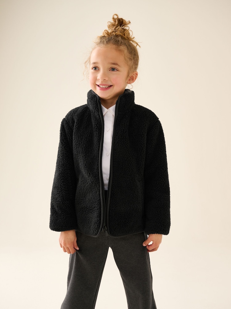 Black Zip-Up Borg Fleece Jacket With Pockets (3-16yrs) - Image 1 of 9