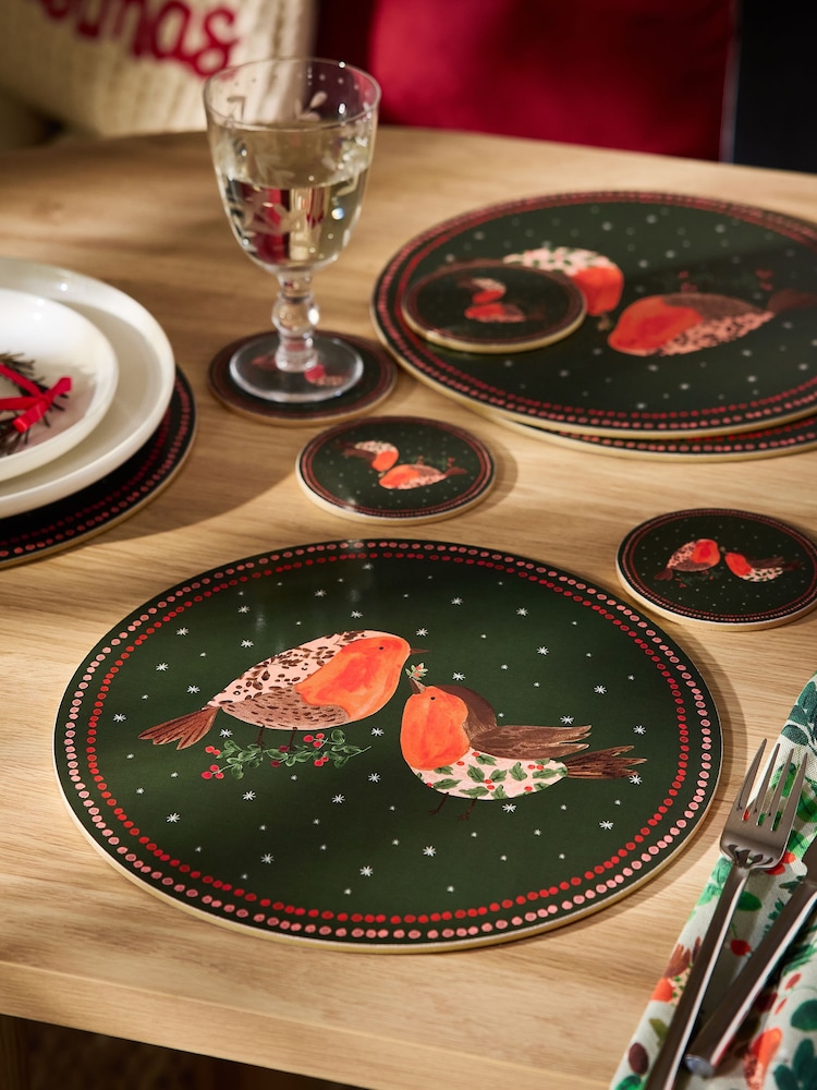 Set of 4 Green Christmas Robin Corkback Placemats and Coasters - Image 1 of 3 Set of 4 Green Christmas Robin Corkback Placemats and Coasters - Image 1 of 3
