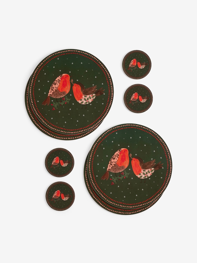 Set of 4 Green Christmas Robin Corkback Placemats and Coasters - Image 3 of 3 Set of 4 Green Christmas Robin Corkback Placemats and Coasters - Image 3 of 3