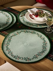 Set of 4 Green Foliage Woven Pom Placemats - Image 1 of 3