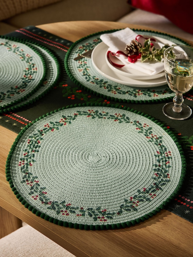 Set of 4 Green Foliage Woven Pom Placemats - Image 1 of 3 Set of 4 Green Foliage Woven Pom Placemats - Image 1 of 3