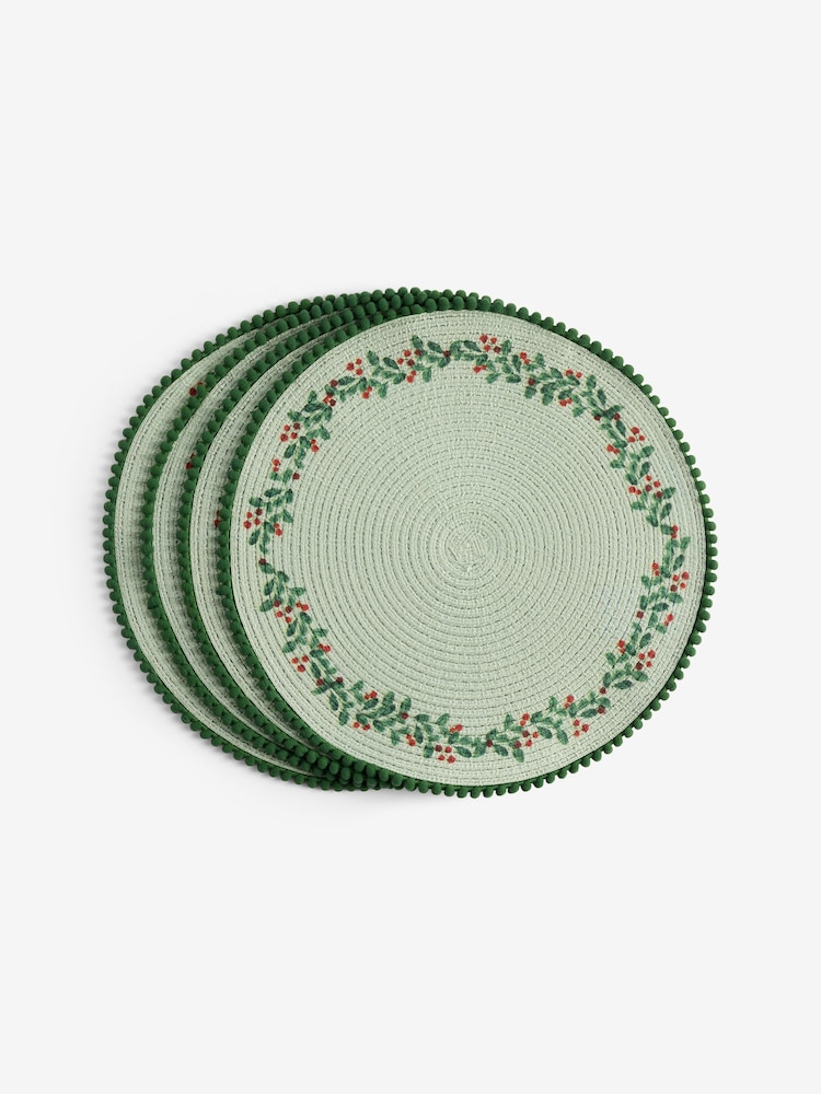 Set of 4 Green Foliage Woven Pom Placemats - Image 2 of 3 Set of 4 Green Foliage Woven Pom Placemats - Image 2 of 3