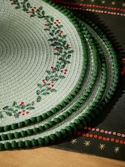 Set of 4 Green Foliage Woven Pom Placemats - Image 3 of 3