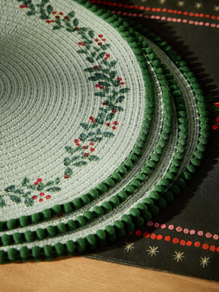 Set of 4 Green Foliage Woven Pom Placemats - Image 3 of 3 Set of 4 Green Foliage Woven Pom Placemats - Image 3 of 3