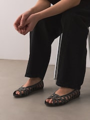 Black Extra Wide Fit Forever Comfort® Peeptoe Flat Shoes - Image 1 of 9