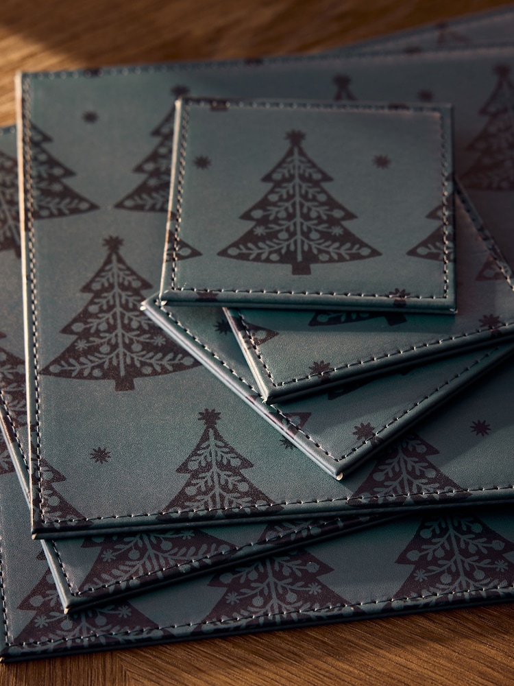 Set of 4 Navy Christmas Tree Faux Leather Placemats and Coasters - Image 2 of 3 Set of 4 Navy Christmas Tree Faux Leather Placemats and Coasters - Image 2 of 3