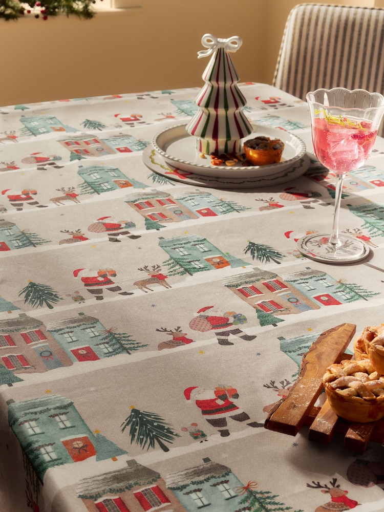 Natural Christmas Santa Wipe Clean Table Cloth - Image 2 of 3 Natural Christmas Santa Wipe Clean Table Cloth - Image 2 of 3