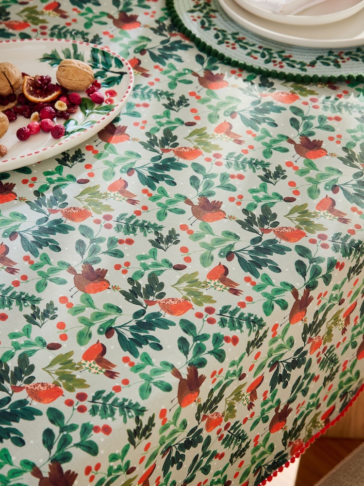 Sage Green Christmas Robin Cotton Table Cloth - Image 1 of 4 Sage Green Christmas Robin Cotton Table Cloth - Image 1 of 4
