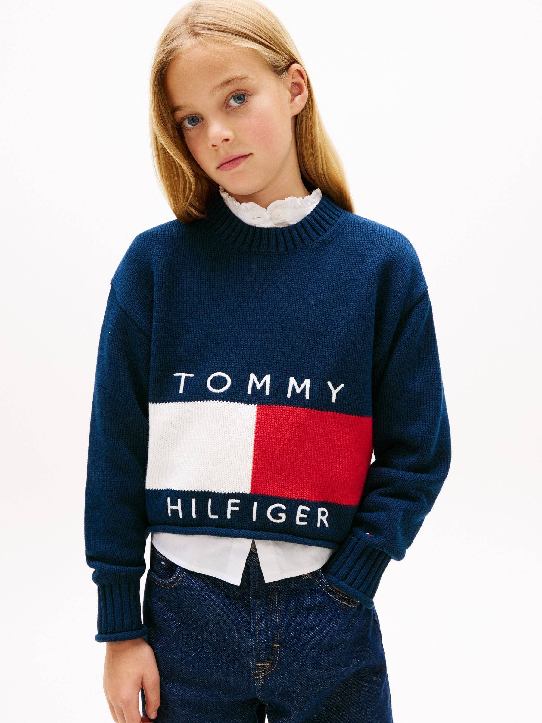 Buy Tommy Hilfiger Blue Logo Embroidery Relaxed Crew Neck Jumper