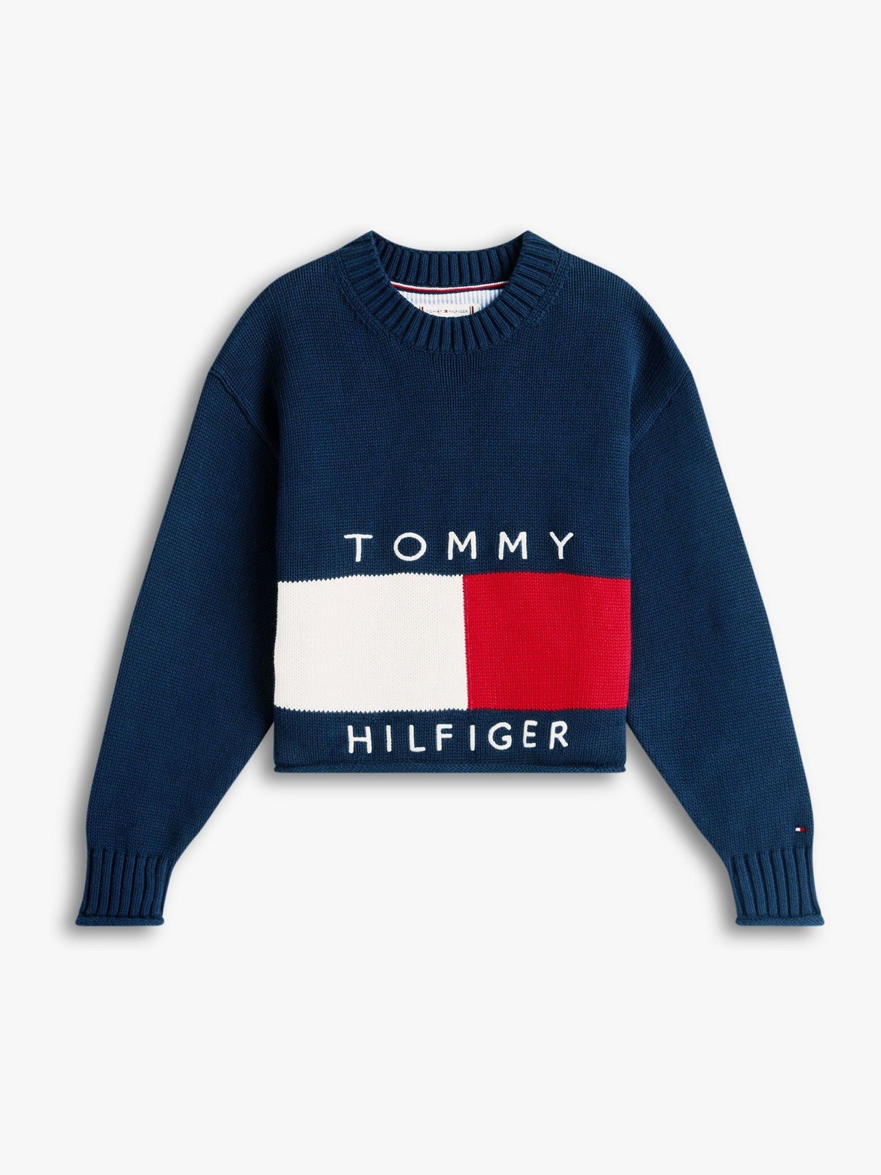 Buy Tommy Hilfiger Blue Logo Embroidery Relaxed Crew Neck Jumper 