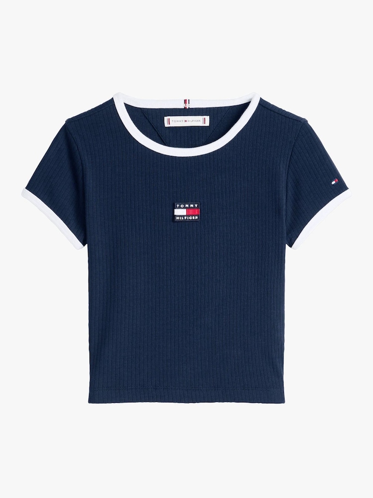 Tommy Hilfiger Blue Heritage Flag Ribbed Extra Slim T-Shirt - Image 5 of 5 Tommy Hilfiger Blue Heritage Flag Ribbed Extra Slim T-Shirt - Image 5 of 5