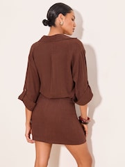 Lipsy Chocolate Brown Touch of Linen Mini Skirt - Image 4 of 4