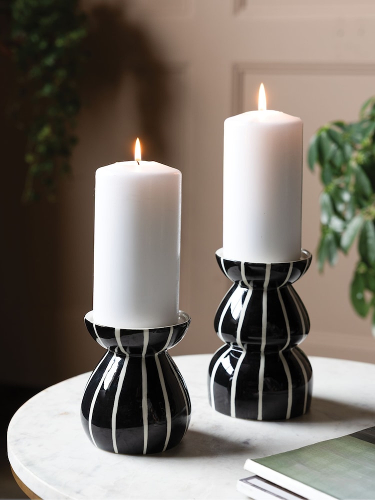 Rockett St George Set of 2 Black/White Stripe Candle Holders - Image 1 of 5