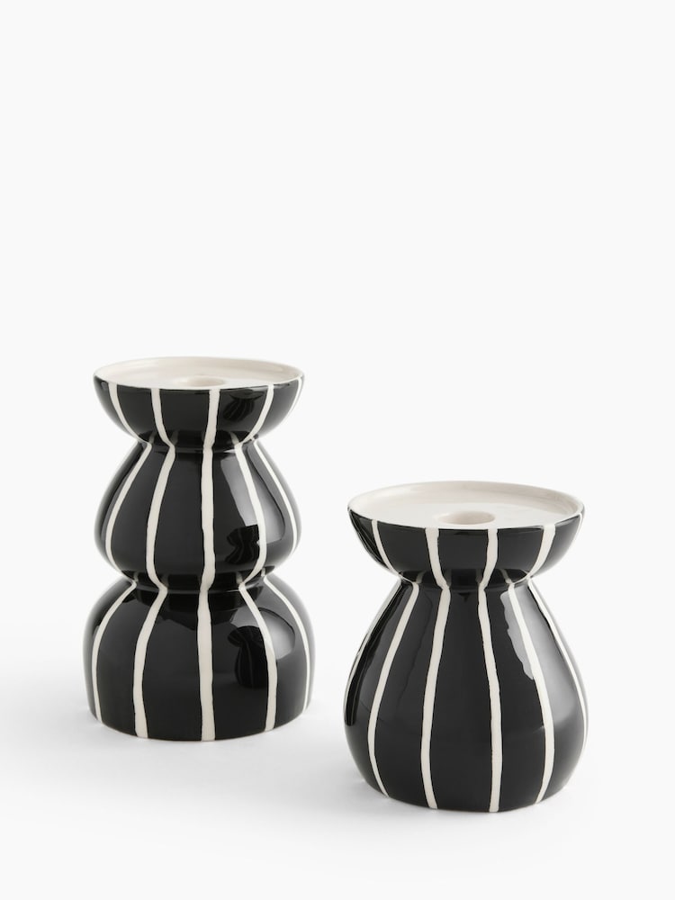 Rockett St George Set of 2 Black/White Stripe Candle Holders - Image 5 of 5