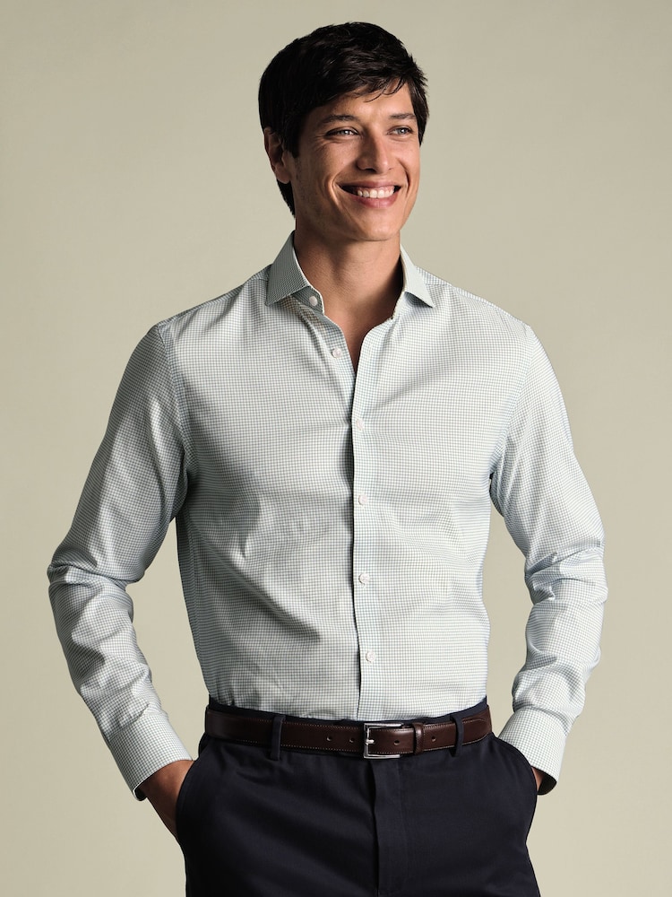 Charles Tyrwhitt Green Two Tone Non-iron Performance Check Slim Fit Shirt - Image 1 of 6 Charles Tyrwhitt Green Two Tone Non-iron Performance Check Slim Fit Shirt - Image 1 of 6
