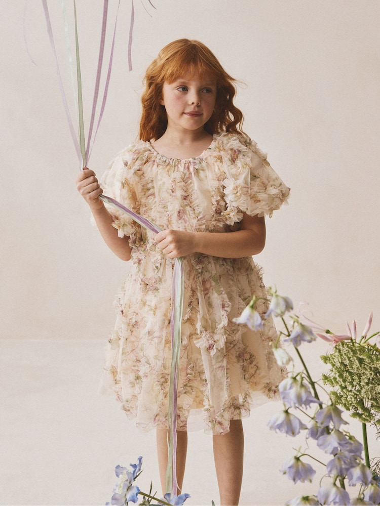 Cream Floral 3D Ruffle Mesh Occasion Dress (3-16yrs) - Image 1 of 7 Cream Floral 3D Ruffle Mesh Occasion Dress (3-16yrs) - Image 1 of 7