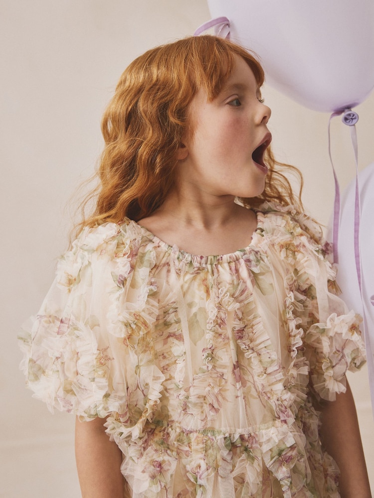 Cream Floral 3D Ruffle Mesh Occasion Dress (3-16yrs) - Image 2 of 7 Cream Floral 3D Ruffle Mesh Occasion Dress (3-16yrs) - Image 2 of 7