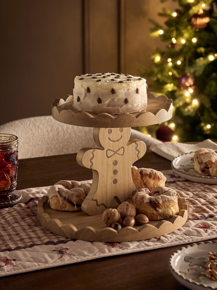 Natural Wood Gingerbread Scallop Edge Two Tier Cake Stand - Image 2 of 4