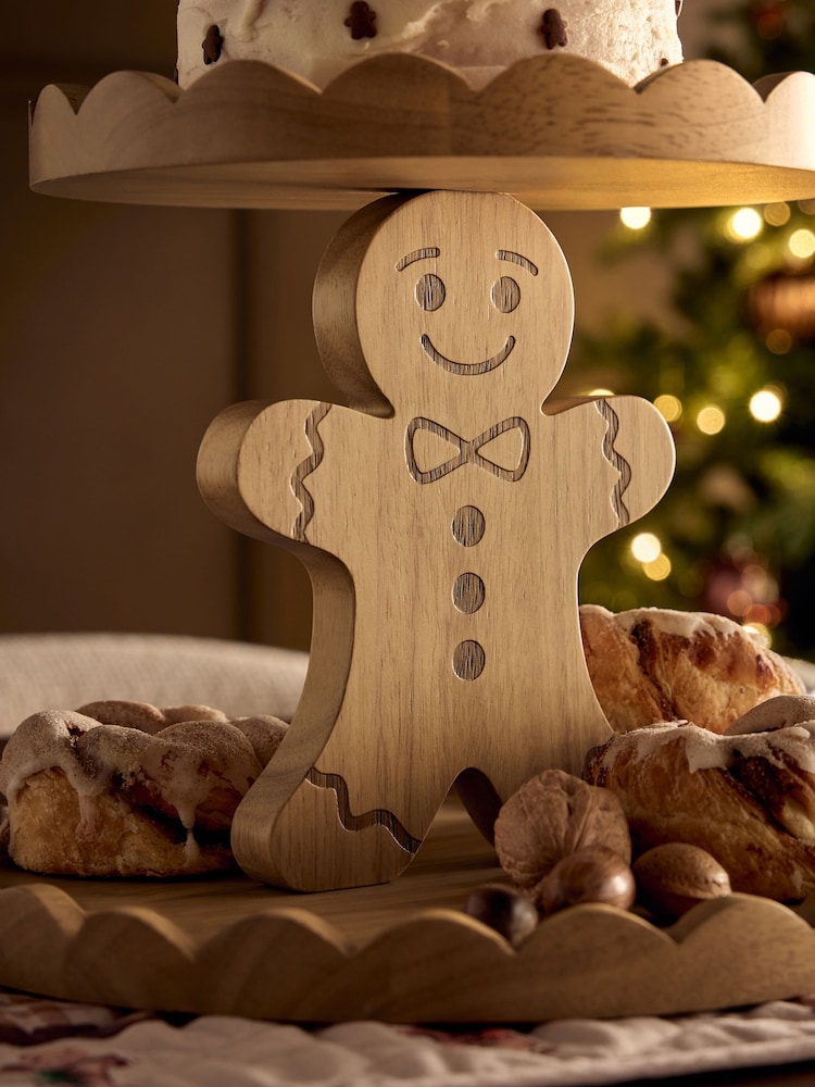Natural Wood Gingerbread Scallop Edge Two Tier Cake Stand - Image 4 of 4