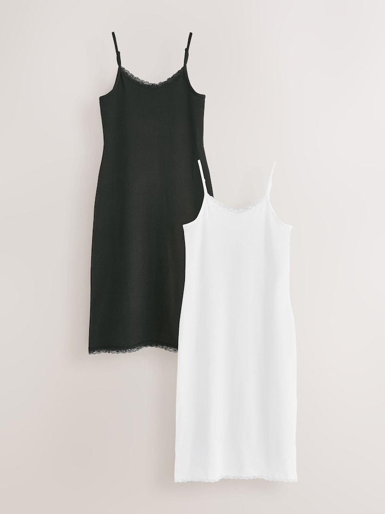 Black/White Long Cotton Slip with Lace Trim - Image 1 of 5