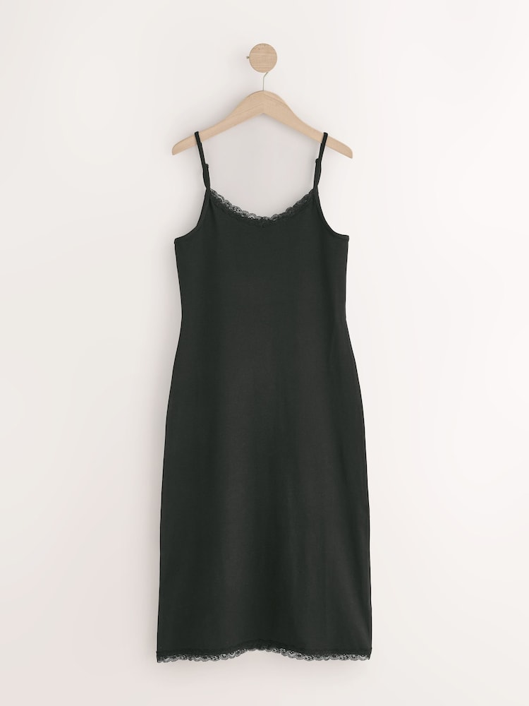 Black/White Long Cotton Slip with Lace Trim - Image 2 of 5