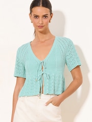 Lipsy Teal Blue Tie Front Short Sleeve Crochet Knit Cardigan - Image 1 of 4