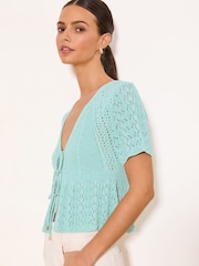 Lipsy Teal Blue Tie Front Short Sleeve Crochet Knit Cardigan - Image 2 of 4
