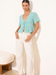 Lipsy Teal Blue Tie Front Short Sleeve Crochet Knit Cardigan - Image 3 of 4