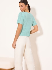 Lipsy Teal Blue Tie Front Short Sleeve Crochet Knit Cardigan - Image 4 of 4