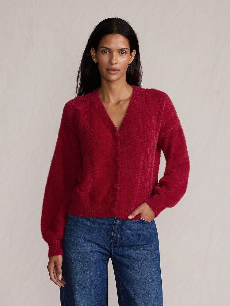 Lands' End Red Eyelash Fuzzy Pointelle Cardigan - Image 1 of 4