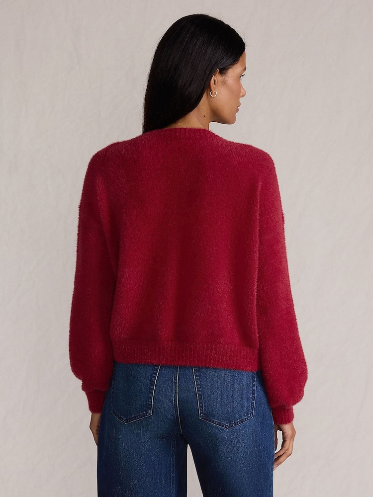 Lands' End Red Eyelash Fuzzy Pointelle Cardigan - Image 2 of 4