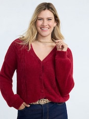 Lands' End Red Eyelash Fuzzy Pointelle Cardigan - Image 3 of 4