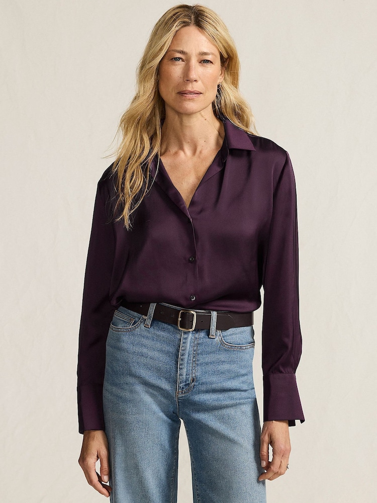 Lands' End Purple Satin Shirt - Image 1 of 4 Lands' End Purple Satin Shirt - Image 1 of 4