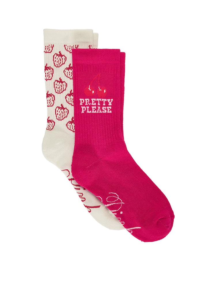 Victoria's Secret Pink Pink Strawberry Print 2 Pack Crew Socks - Image 1 of 2 Victoria's Secret Pink Pink Strawberry Print 2 Pack Crew Socks - Image 1 of 2