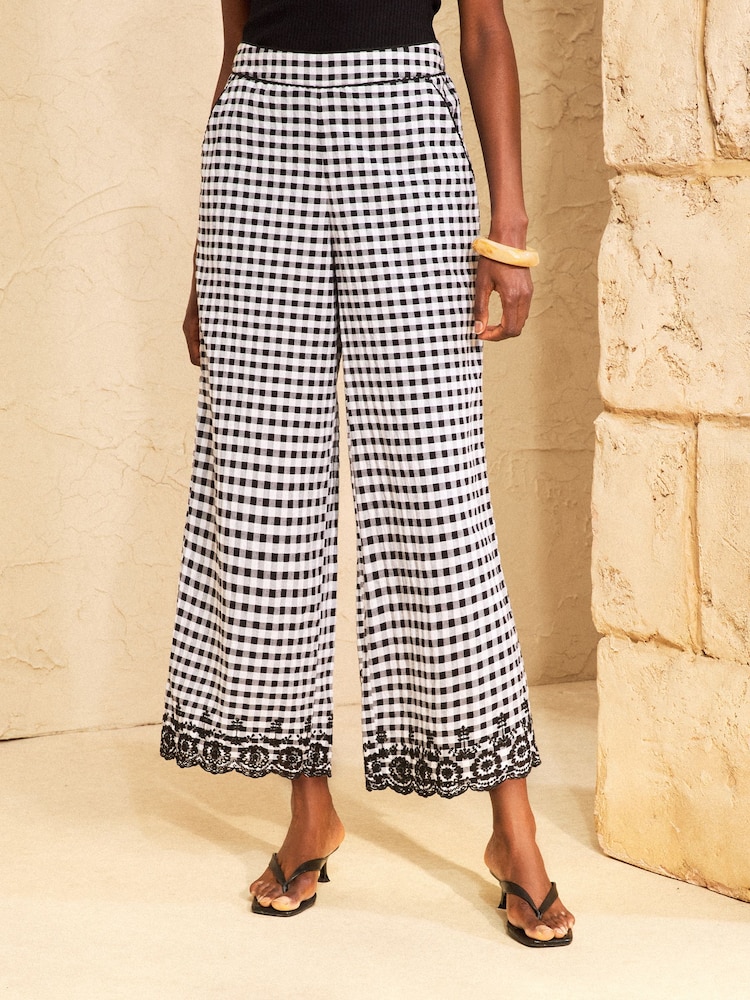 Love & Roses Black Gingham Embroidered Scallop Trim Wide Leg Trousers - Image 1 of 5